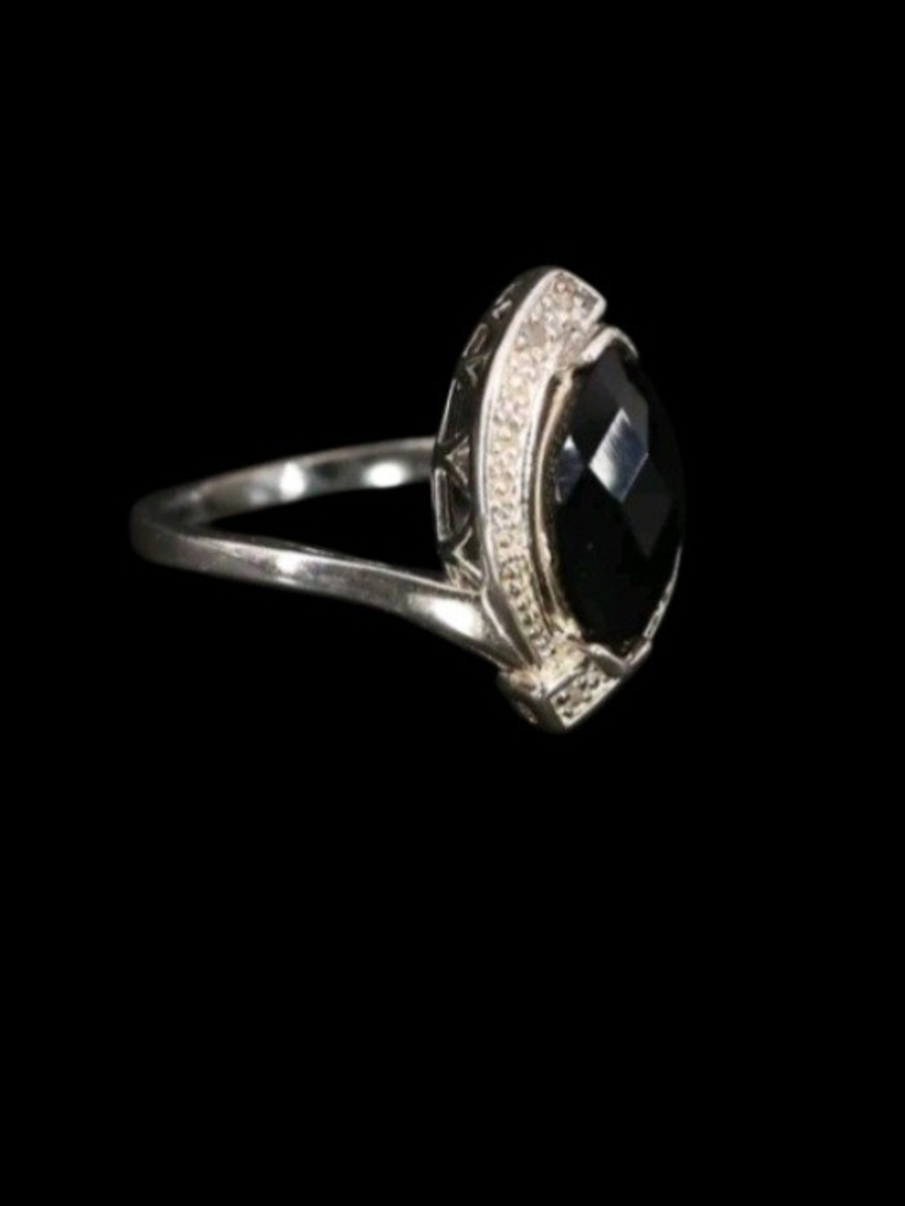 925 Sterling Silver - DESIGNER NV Black CZ & Diamond Marquise Size 7